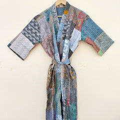 Beautiful Shade Patchwork Handmade Silk Kantha Kimono,Bath Robe,Indian Kantha,Traditional Robe,Bridemade,Longewear/Gift someone Special - 17