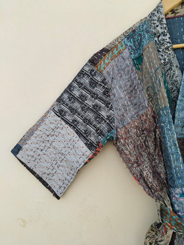 Beautiful Shade Patchwork Handmade Silk Kantha Kimono,Bath Robe,Indian Kantha,Traditional Robe,Bridemade,Longewear/Gift someone Special - 17