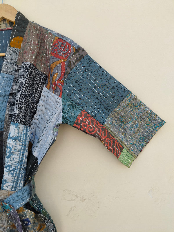 Beautiful Shade Patchwork Handmade Silk Kantha Kimono,Bath Robe,Indian Kantha,Traditional Robe,Bridemade,Longewear/Gift someone Special - 17
