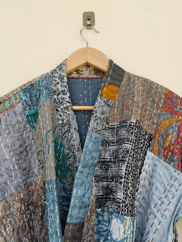 Beautiful Shade Patchwork Handmade Silk Kantha Kimono,Bath Robe,Indian Kantha,Traditional Robe,Bridemade,Longewear/Gift someone Special - 17