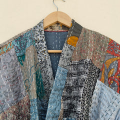 Beautiful Shade Patchwork Handmade Silk Kantha Kimono,Bath Robe,Indian Kantha,Traditional Robe,Bridemade,Longewear/Gift someone Special - 17