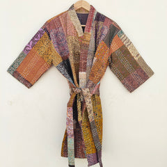 Beautiful Shade Patchwork Handmade Silk Kantha Kimono,Bath Robe,Indian Kantha,Traditional Robe,Bridemade,Longewear/Gift someone Special - 14