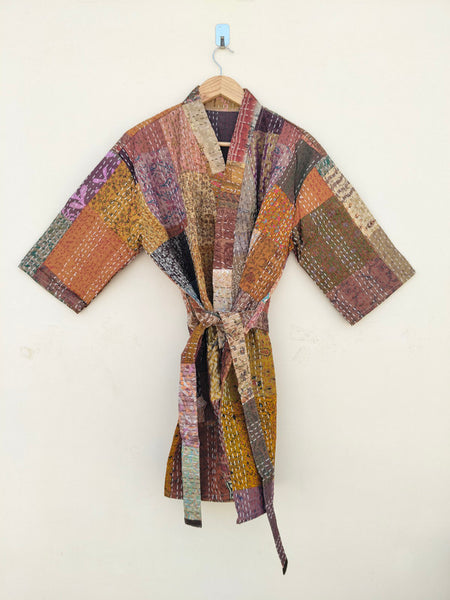 Beautiful Shade Patchwork Handmade Silk Kantha Kimono,Bath Robe,Indian Kantha,Traditional Robe,Bridemade,Longewear/Gift someone Special - 14