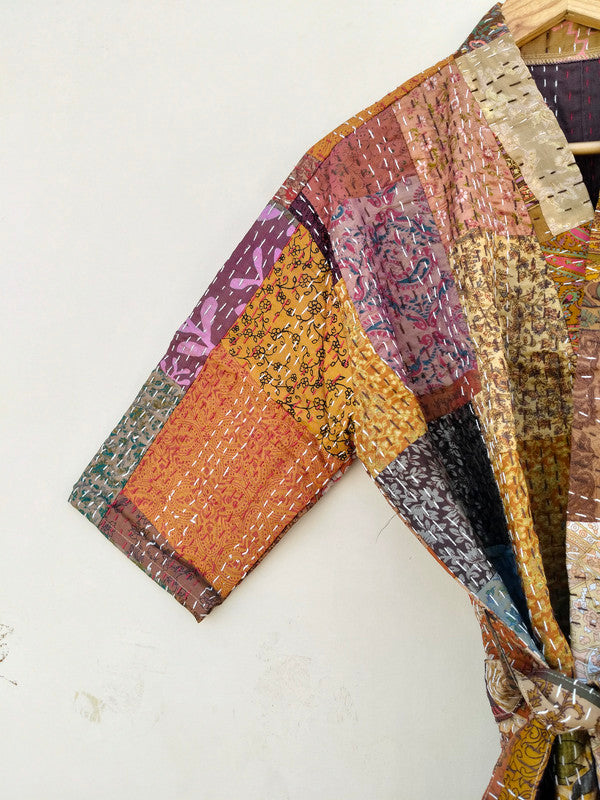 Beautiful Shade Patchwork Handmade Silk Kantha Kimono,Bath Robe,Indian Kantha,Traditional Robe,Bridemade,Longewear/Gift someone Special - 14