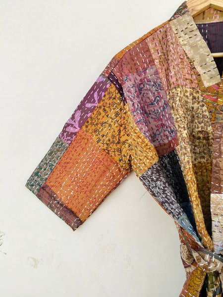 Beautiful Shade Patchwork Handmade Silk Kantha Kimono,Bath Robe,Indian Kantha,Traditional Robe,Bridemade,Longewear/Gift someone Special - 14