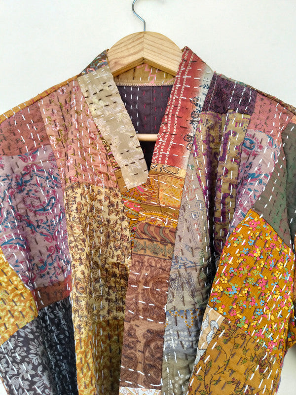 Beautiful Shade Patchwork Handmade Silk Kantha Kimono,Bath Robe,Indian Kantha,Traditional Robe,Bridemade,Longewear/Gift someone Special - 14