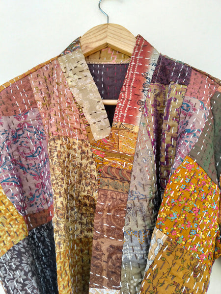 Beautiful Shade Patchwork Handmade Silk Kantha Kimono,Bath Robe,Indian Kantha,Traditional Robe,Bridemade,Longewear/Gift someone Special - 14