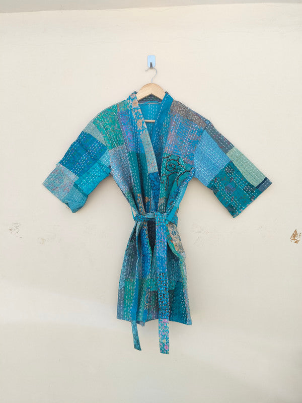 Beautiful Shade Patchwork Handmade Silk Kantha Kimono,Bath Robe,Indian Kantha,Traditional Robe,Bridemade,Longewear/Gift someone Special - 13