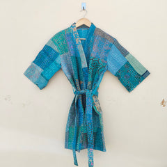 Beautiful Shade Patchwork Handmade Silk Kantha Kimono,Bath Robe,Indian Kantha,Traditional Robe,Bridemade,Longewear/Gift someone Special - 13