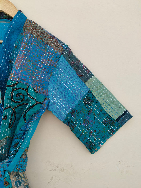 Beautiful Shade Patchwork Handmade Silk Kantha Kimono,Bath Robe,Indian Kantha,Traditional Robe,Bridemade,Longewear/Gift someone Special - 13