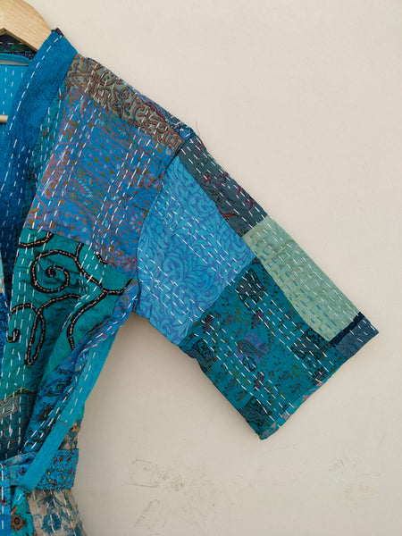 Beautiful Shade Patchwork Handmade Silk Kantha Kimono,Bath Robe,Indian Kantha,Traditional Robe,Bridemade,Longewear/Gift someone Special - 13