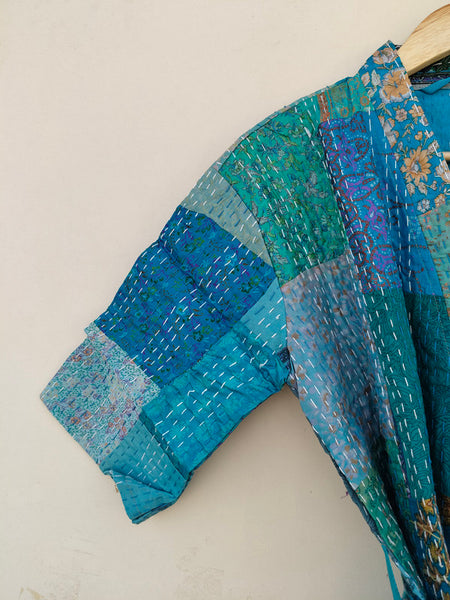 Beautiful Shade Patchwork Handmade Silk Kantha Kimono,Bath Robe,Indian Kantha,Traditional Robe,Bridemade,Longewear/Gift someone Special - 13