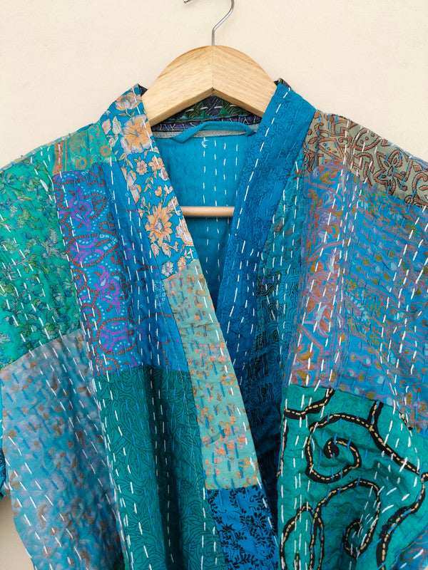 Beautiful Shade Patchwork Handmade Silk Kantha Kimono,Bath Robe,Indian Kantha,Traditional Robe,Bridemade,Longewear/Gift someone Special - 13