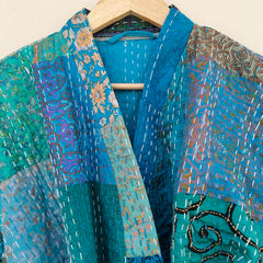 Beautiful Shade Patchwork Handmade Silk Kantha Kimono,Bath Robe,Indian Kantha,Traditional Robe,Bridemade,Longewear/Gift someone Special - 13