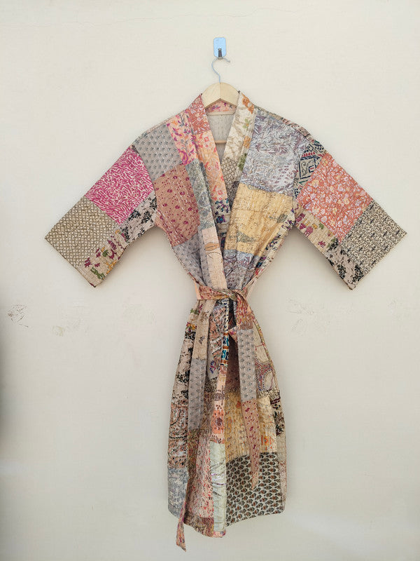 Beautiful Shade Patchwork Handmade Silk Kantha Kimono,Bath Robe,Indian Kantha,Traditional Robe,Bridemade,Longewear/Gift someone Special - 12