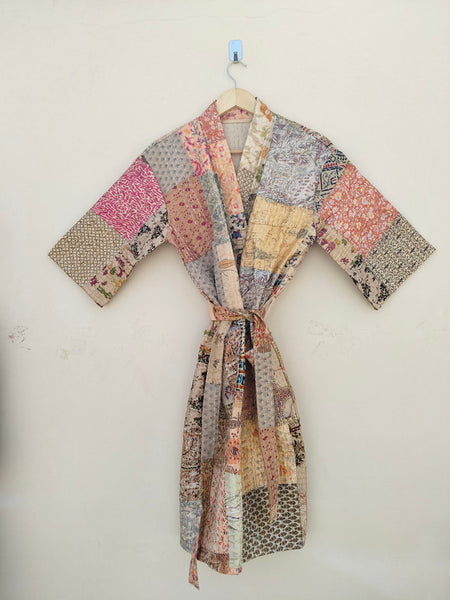 Beautiful Shade Patchwork Handmade Silk Kantha Kimono,Bath Robe,Indian Kantha,Traditional Robe,Bridemade,Longewear/Gift someone Special - 12