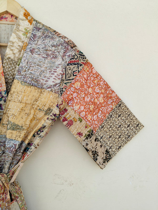 Beautiful Shade Patchwork Handmade Silk Kantha Kimono,Bath Robe,Indian Kantha,Traditional Robe,Bridemade,Longewear/Gift someone Special - 12