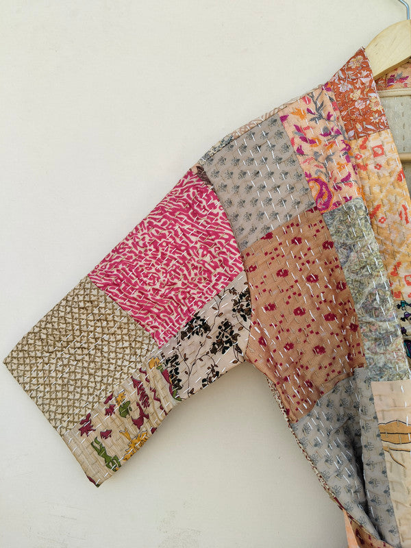 Beautiful Shade Patchwork Handmade Silk Kantha Kimono,Bath Robe,Indian Kantha,Traditional Robe,Bridemade,Longewear/Gift someone Special - 12