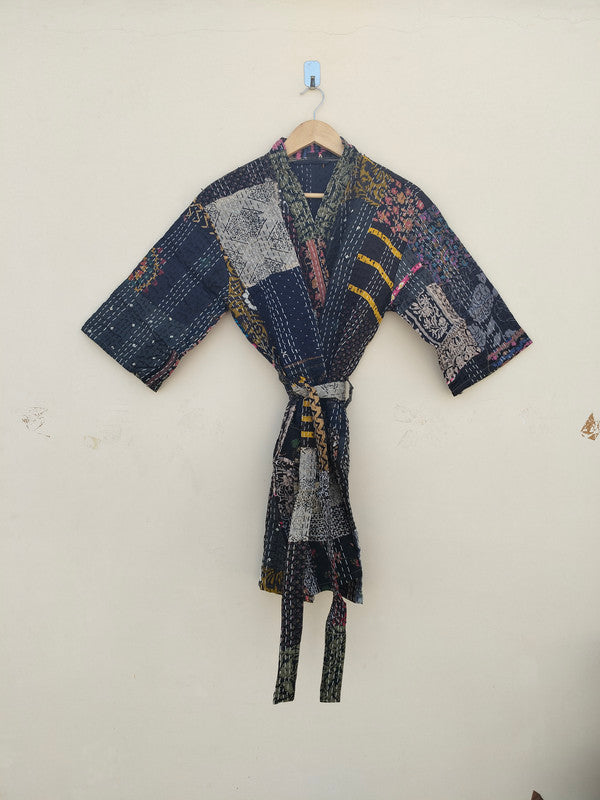 Beautiful Shade Patchwork Handmade Silk Kantha Kimono,Bath Robe,Indian Kantha,Traditional Robe,Bridemade,Longewear/Gift someone Special - 11