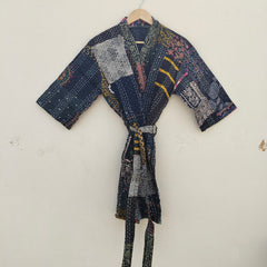 Beautiful Shade Patchwork Handmade Silk Kantha Kimono,Bath Robe,Indian Kantha,Traditional Robe,Bridemade,Longewear/Gift someone Special - 11