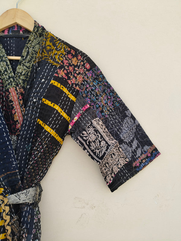 Beautiful Shade Patchwork Handmade Silk Kantha Kimono,Bath Robe,Indian Kantha,Traditional Robe,Bridemade,Longewear/Gift someone Special - 11
