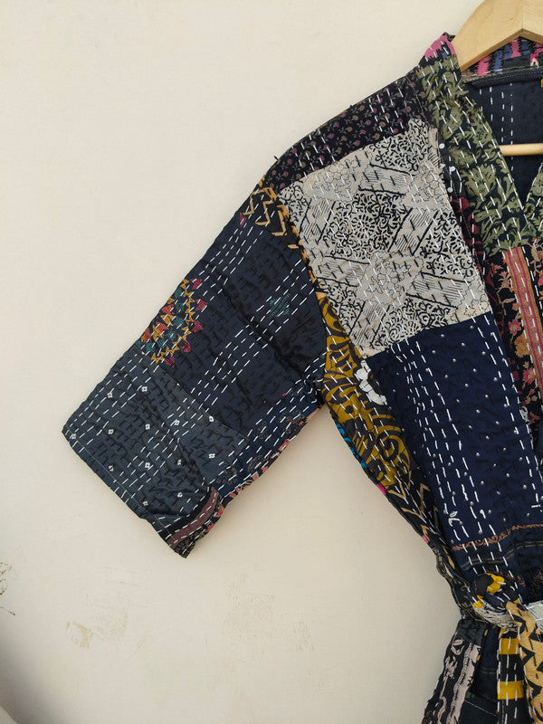 Beautiful Shade Patchwork Handmade Silk Kantha Kimono,Bath Robe,Indian Kantha,Traditional Robe,Bridemade,Longewear/Gift someone Special - 11