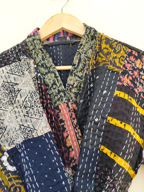 Beautiful Shade Patchwork Handmade Silk Kantha Kimono,Bath Robe,Indian Kantha,Traditional Robe,Bridemade,Longewear/Gift someone Special - 11