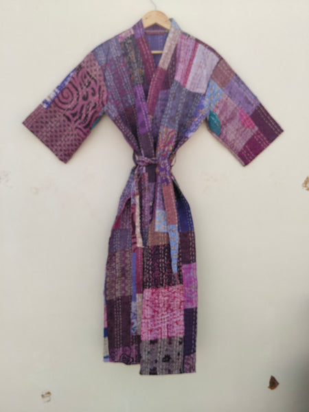 Beautiful Shade Patchwork Handmade Silk Kantha Kimono,Bath Robe,Indian Kantha,Traditional Robe,Bridemade,Longewear/Gift someone Special - 10