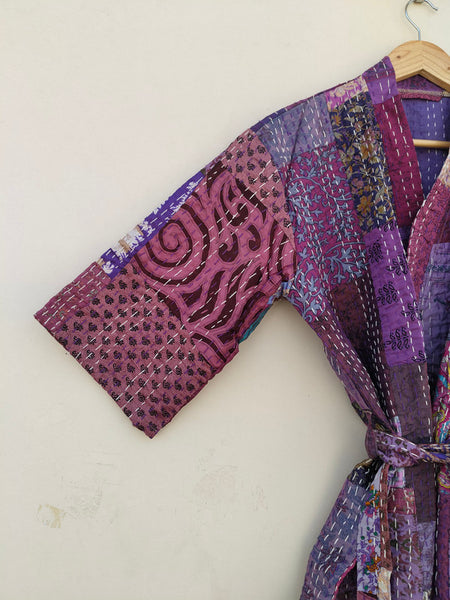 Beautiful Shade Patchwork Handmade Silk Kantha Kimono,Bath Robe,Indian Kantha,Traditional Robe,Bridemade,Longewear/Gift someone Special - 10
