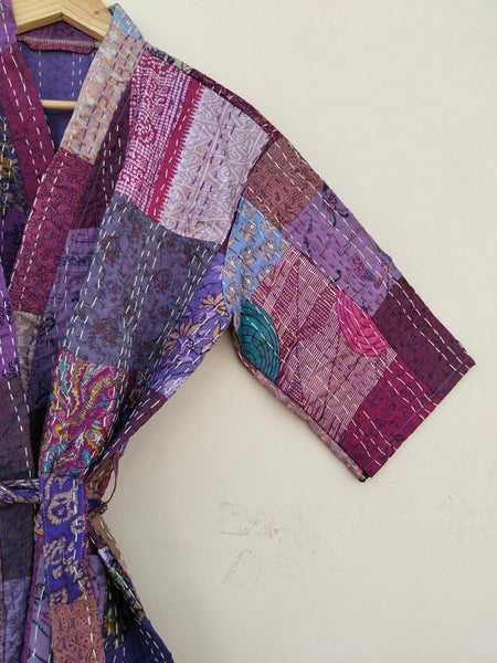Beautiful Shade Patchwork Handmade Silk Kantha Kimono,Bath Robe,Indian Kantha,Traditional Robe,Bridemade,Longewear/Gift someone Special - 10