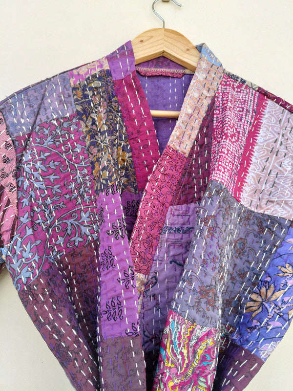 Beautiful Shade Patchwork Handmade Silk Kantha Kimono,Bath Robe,Indian Kantha,Traditional Robe,Bridemade,Longewear/Gift someone Special - 10