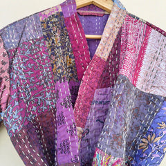 Beautiful Shade Patchwork Handmade Silk Kantha Kimono,Bath Robe,Indian Kantha,Traditional Robe,Bridemade,Longewear/Gift someone Special - 10