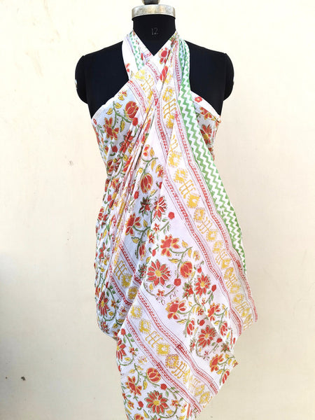 Hand Block Printed Cotton Sarongs & Scarves - Lightweight Summer Dupattas & Beachwear Gifts for Her - 20