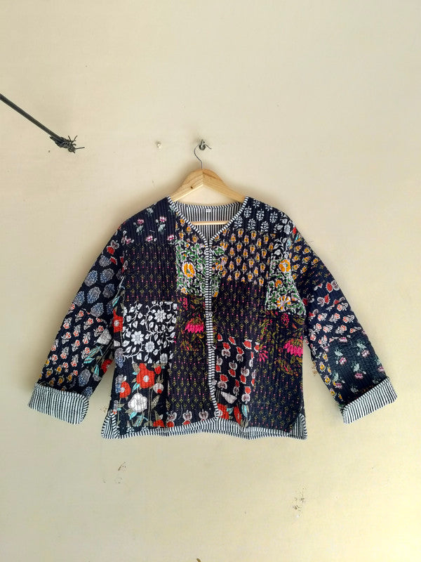 Black Cotton Handcrafted Kantha Quilted Reversible Patchwork Jacket Handmade Cotton Coat