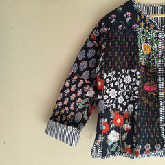 Black Cotton Handcrafted Kantha Quilted Reversible Patchwork Jacket Handmade Cotton Coat