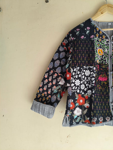 Black Cotton Handcrafted Kantha Quilted Reversible Patchwork Jacket Handmade Cotton Coat