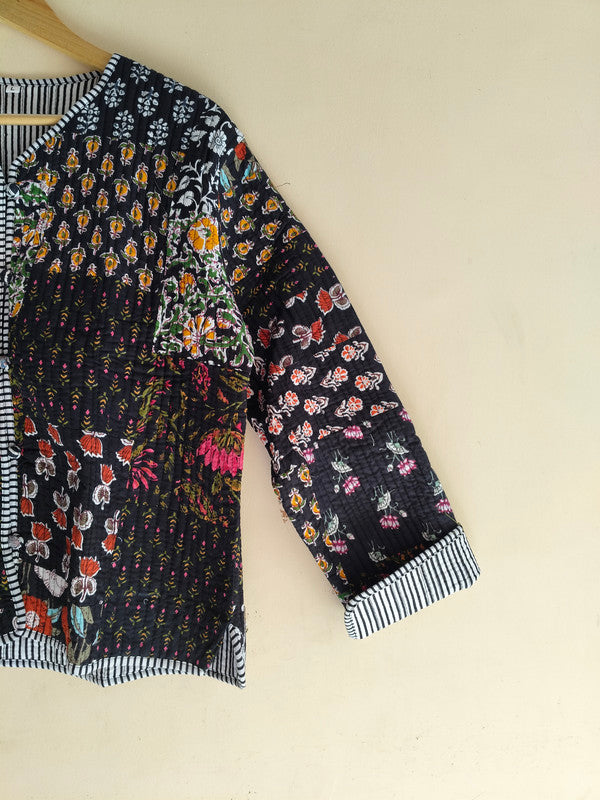 Black Cotton Handcrafted Kantha Quilted Reversible Patchwork Jacket Handmade Cotton Coat