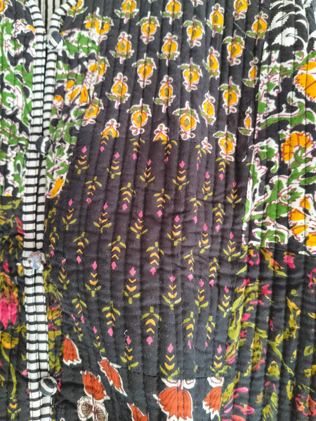 Black Cotton Handcrafted Kantha Quilted Reversible Patchwork Jacket Handmade Cotton Coat