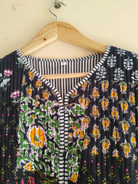 Black Cotton Handcrafted Kantha Quilted Reversible Patchwork Jacket Handmade Cotton Coat