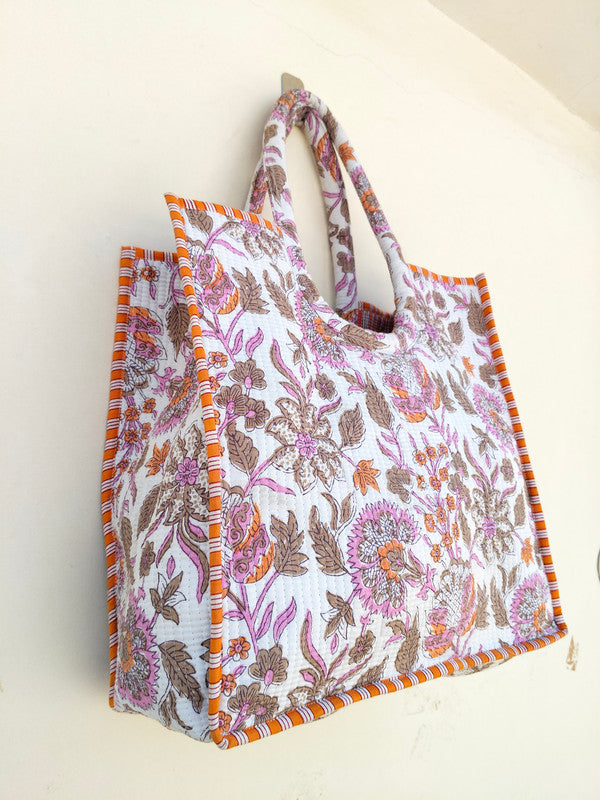 Quilted Jhola Bag, Cotton Quilted Tote Bags, Handmade Quilted Printed Market Bag, Tote Shopping Bag, Hippie Bag, Market Bag, Tote Bags