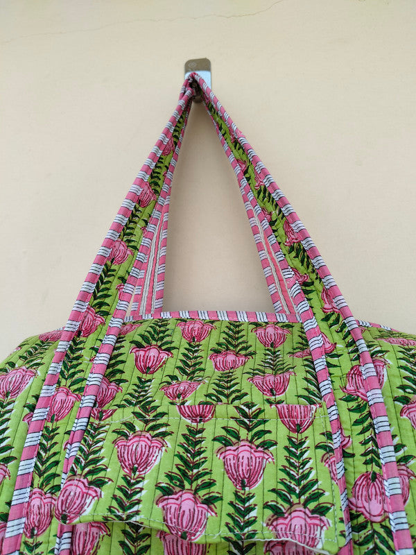 Friendly Quilted Cotton Tote Boho Floral Duffle for Yoga, Beach, green bag & Everyday Use