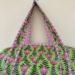 Friendly Quilted Cotton Tote Boho Floral Duffle for Yoga, Beach, green bag & Everyday Use