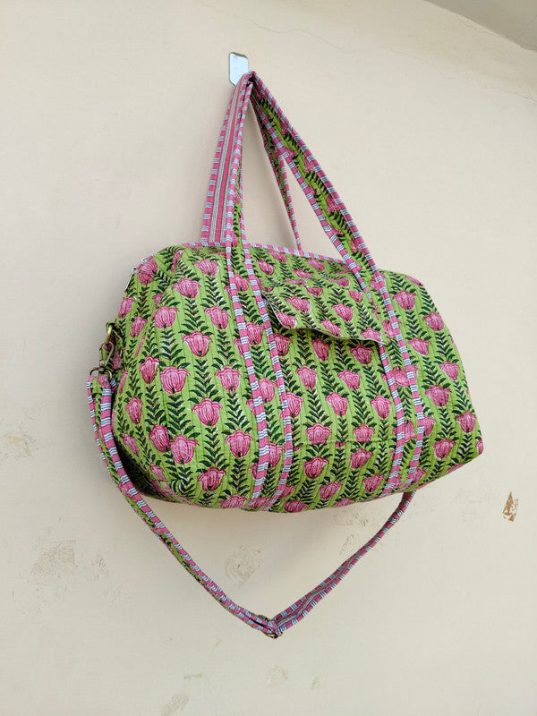 Friendly Quilted Cotton Tote Boho Floral Duffle for Yoga, Beach, green bag & Everyday Use