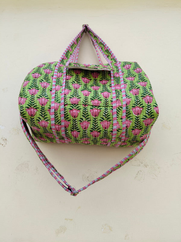 Friendly Quilted Cotton Tote Boho Floral Duffle for Yoga, Beach, green bag & Everyday Use