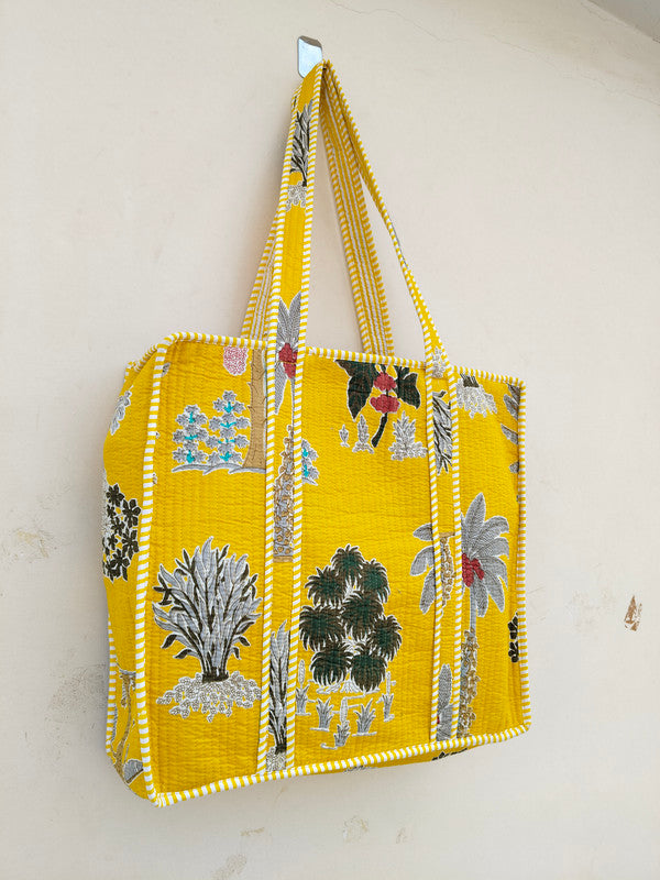 Quilted Cotton Handprinted Reversible Large Soft Yellow Floral Tote Bag Eco friendly Sustainable Sturdy Grocery Shopping Handmade Art Boho