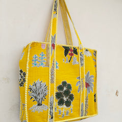 Quilted Cotton Handprinted Reversible Large Soft Yellow Floral Tote Bag Eco friendly Sustainable Sturdy Grocery Shopping Handmade Art Boho