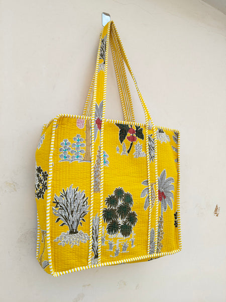 Quilted Cotton Handprinted Reversible Large Soft Yellow Floral Tote Bag Eco friendly Sustainable Sturdy Grocery Shopping Handmade Art Boho