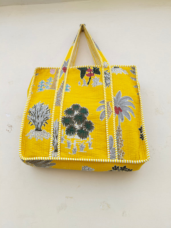 Quilted Cotton Handprinted Reversible Large Soft Yellow Floral Tote Bag Eco friendly Sustainable Sturdy Grocery Shopping Handmade Art Boho