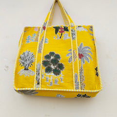 Quilted Cotton Handprinted Reversible Large Soft Yellow Floral Tote Bag Eco friendly Sustainable Sturdy Grocery Shopping Handmade Art Boho
