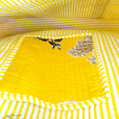 Quilted Cotton Handprinted Reversible Large Soft Yellow Floral Tote Bag Eco friendly Sustainable Sturdy Grocery Shopping Handmade Art Boho